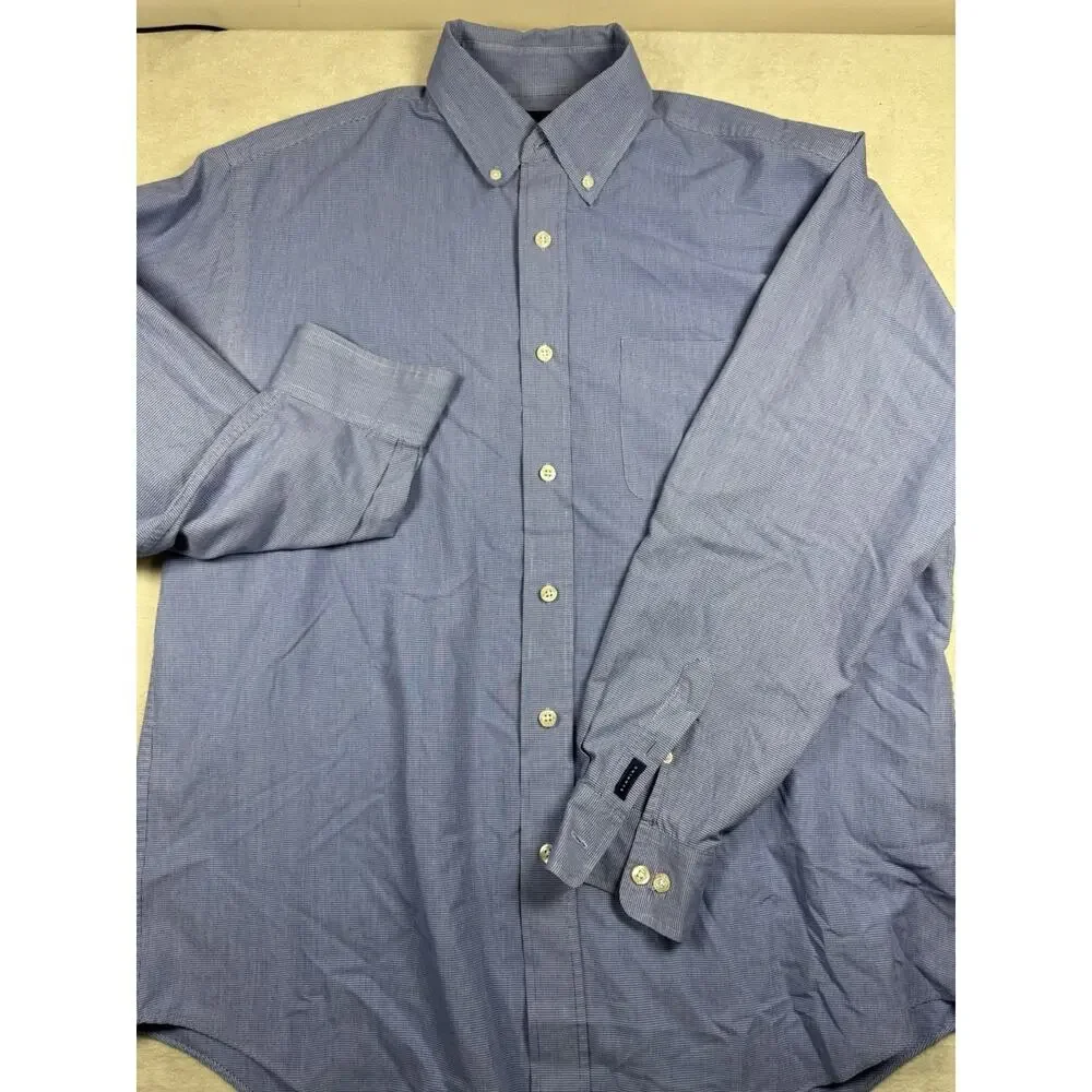 Dunning Mens L Blue Micro Check Button Down Shirt Long Sleeve Golf Performance